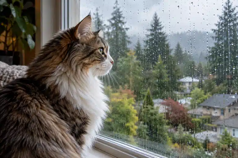 Long-haired cat looking through a rainy window toward evergreen trees and rooftops