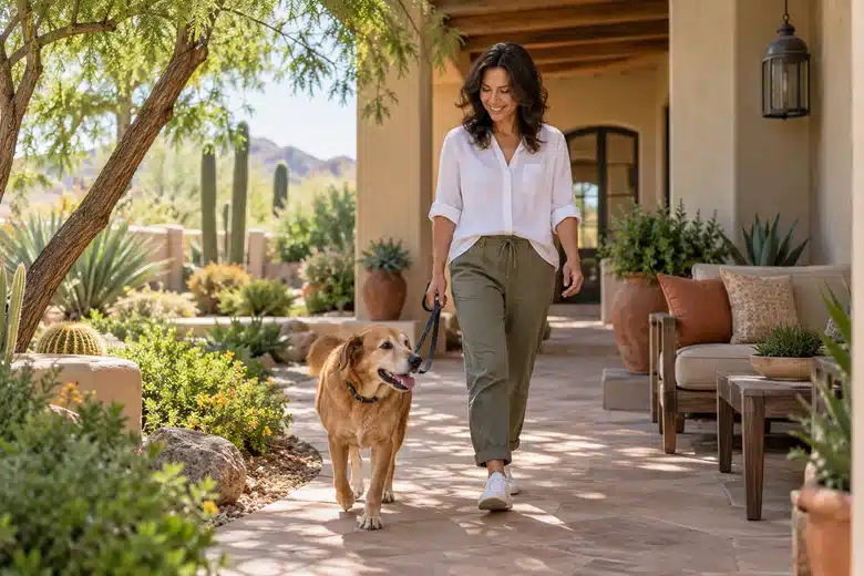 Owner and dog on a shaded desert-landscaped patio