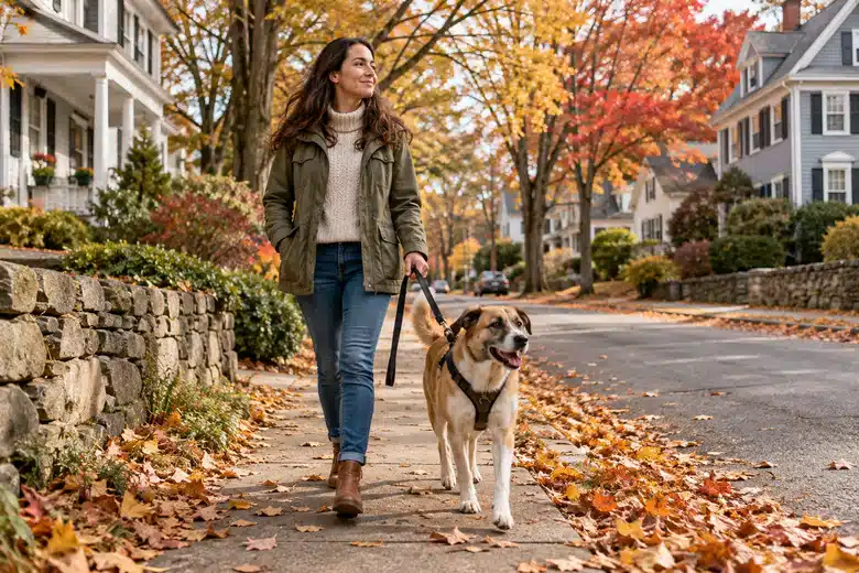 Woman walking a rescue dog along a Connecticut street in autumn