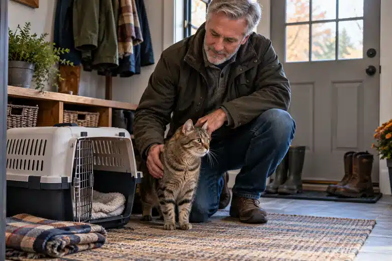 Man beside his tabby cat and a carrier in a home entryway