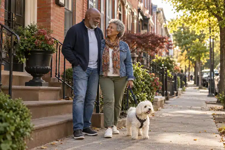 Older couple and a small white dog on an illustrative brick-townhouse residential street