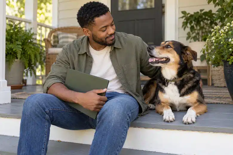 Man with dog on a shaded porch