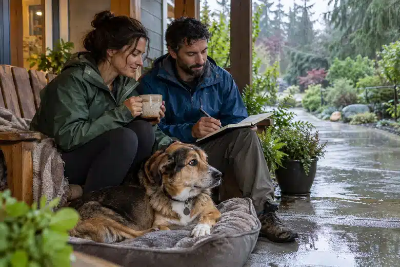 Couple with a resting dog reviewing a notebook on a rainy porch