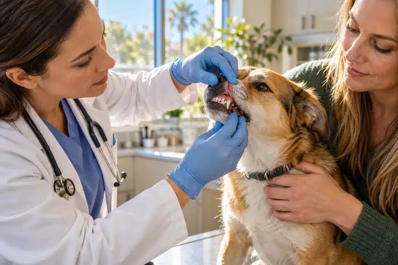 Veterinarian gently inspecting a calm dog’s teeth during an oral exam
