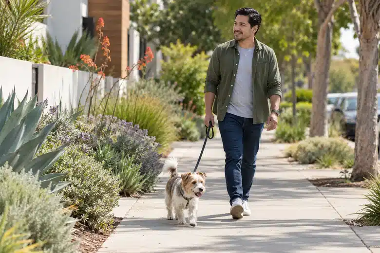 Man walking a terrier past drought-tolerant suburban landscaping