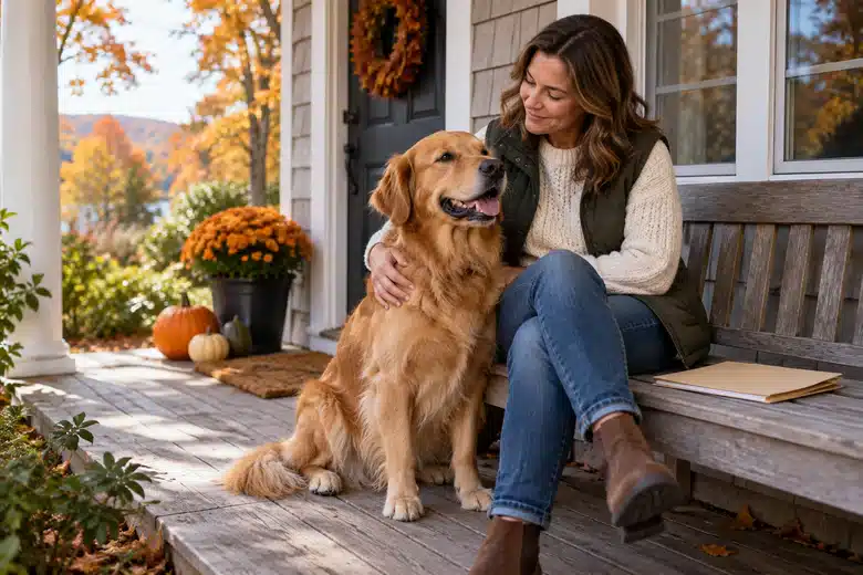 Golden retriever and owner on an autumn New England porch, generic scene