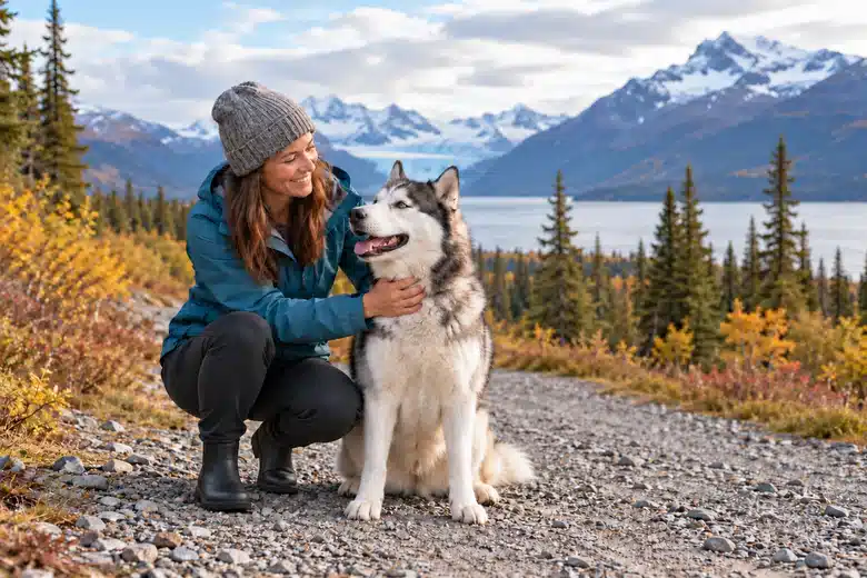 Woman with a husky-type dog on an Alaska-inspired autumn path
