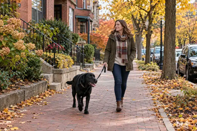 Woman walking a black Labrador along an autumn brick-lined residential sidewalk