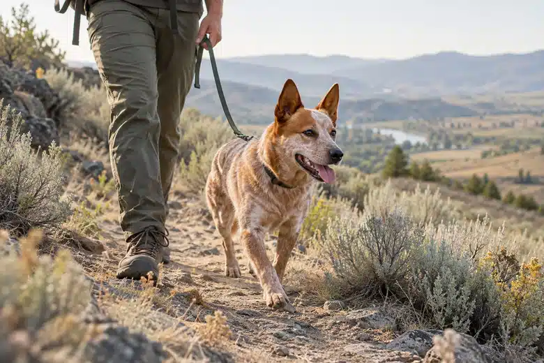 A leashed cattle dog stands with a hiker on an arid foothill trail