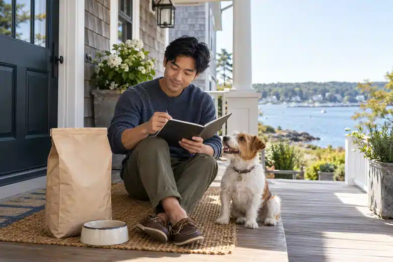 Dog owner and terrier on a sheltered New England-style porch