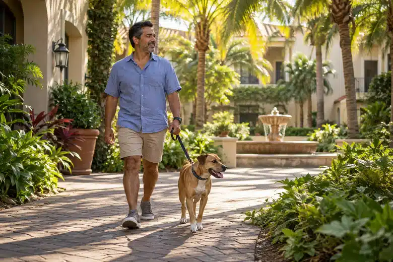 A man walking a tan dog through a palm-shaded courtyard