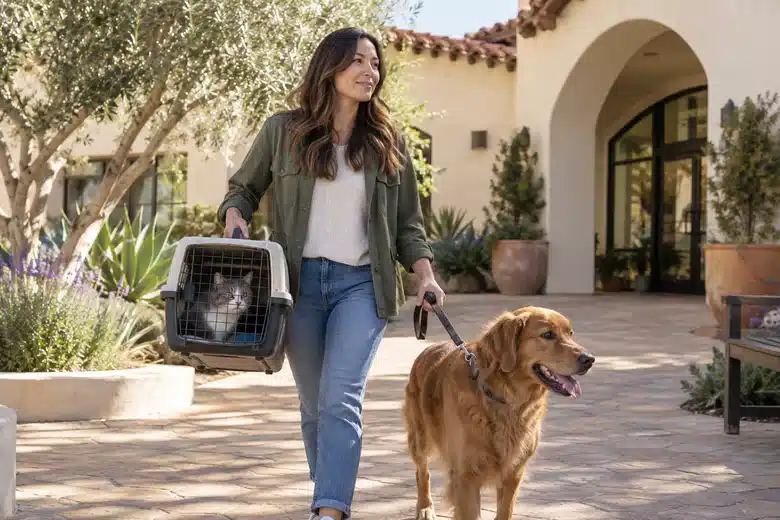 Owner with dog and cat carrier in a California-inspired clinic courtyard
