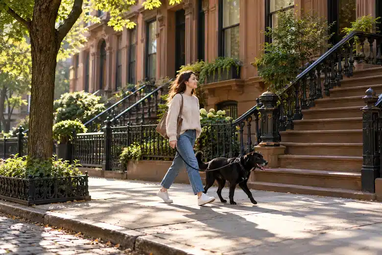 Woman walking a black dog along a brownstone-lined city sidewalk