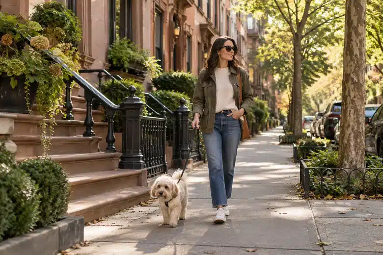Owner walking a cream dog along a New York brownstone sidewalk