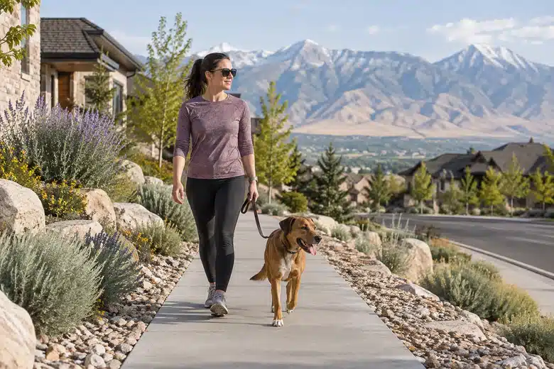 Woman walking a dog on a residential sidewalk with mountain foothills in the distance