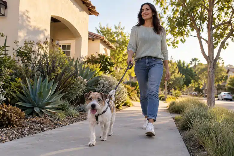 Woman walking a terrier on an illustrative California-style residential sidewalk
