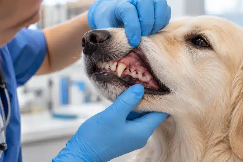Blue-gloved veterinarian gently examining a cream dog’s teeth