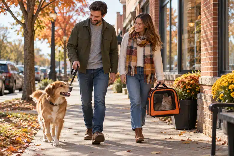 Couple with a dog and cat carrier on a generic Ohio-inspired brick-lined sidewalk
