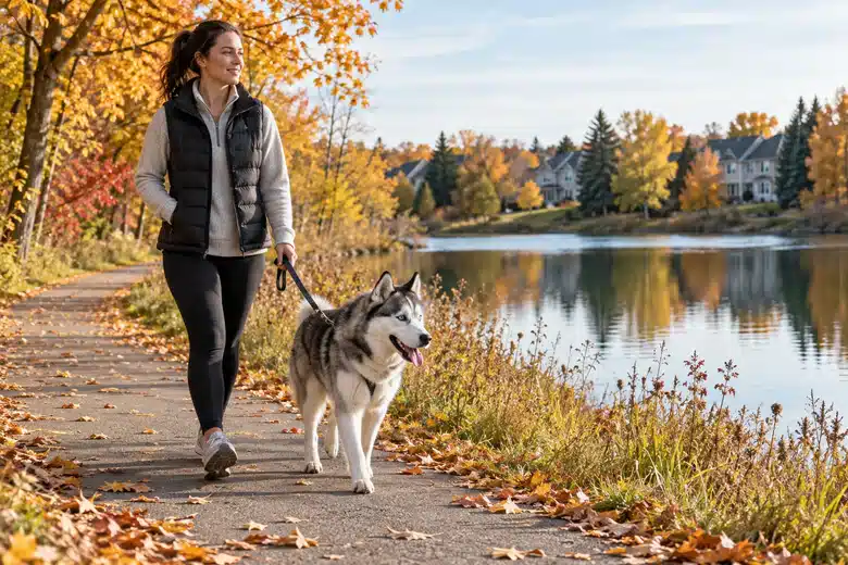 Husky walking beside an autumn suburban Minnesota pond