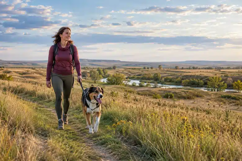 Owner walking a dog on a Nebraska prairie trail