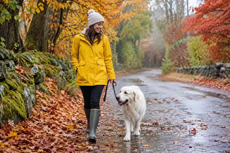 Owner in raincoat walking a dog along an autumn neighborhood lane