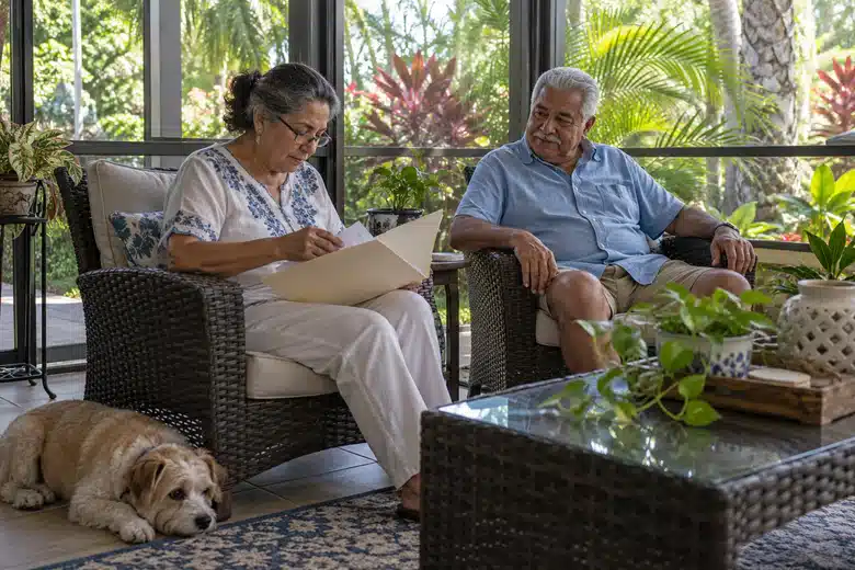 Senior couple with a small dog on a shaded screened porch
