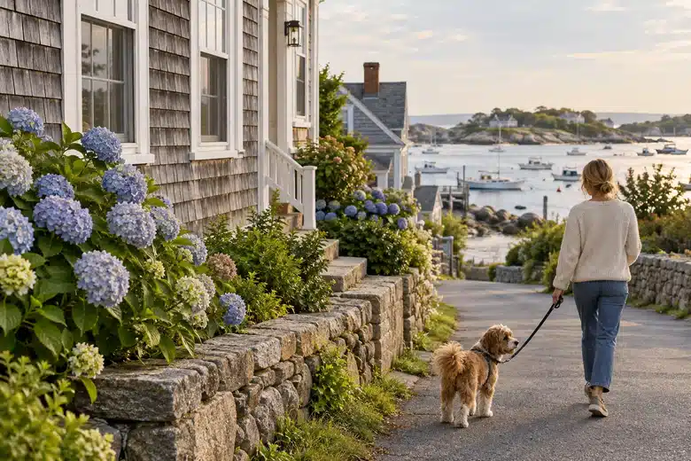 Dog beside a coastal New England shingle house