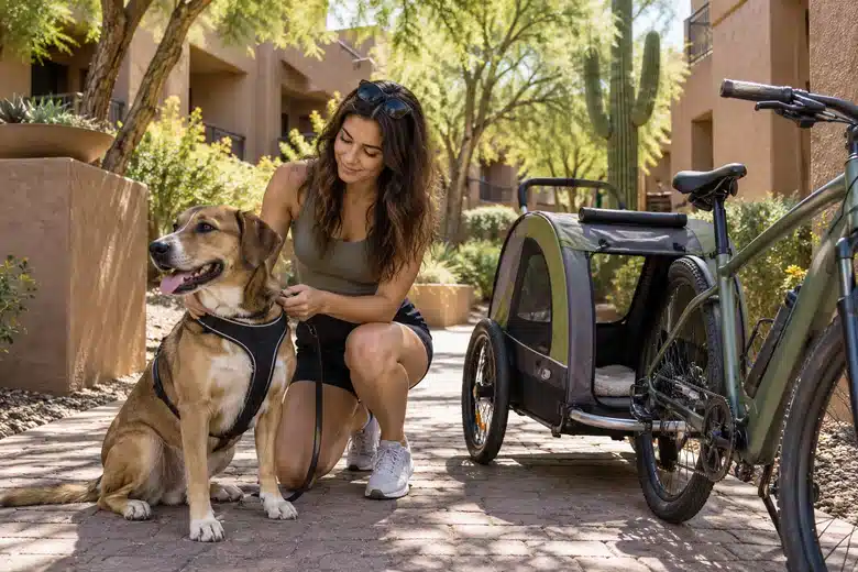 Woman and leashed dog beside a bicycle and pet trailer in an Arizona courtyard