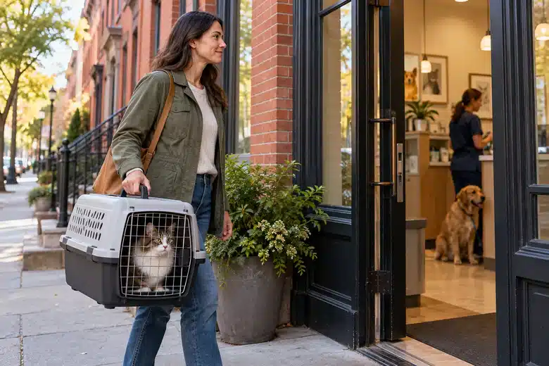 Owner carrying a cat carrier beside a brick-front clinic