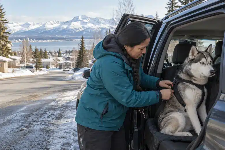 Owner secures a husky safely in a vehicle before a trip