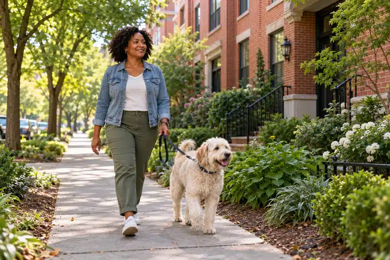 Woman walking a cream dog on a leafy redbrick residential sidewalk