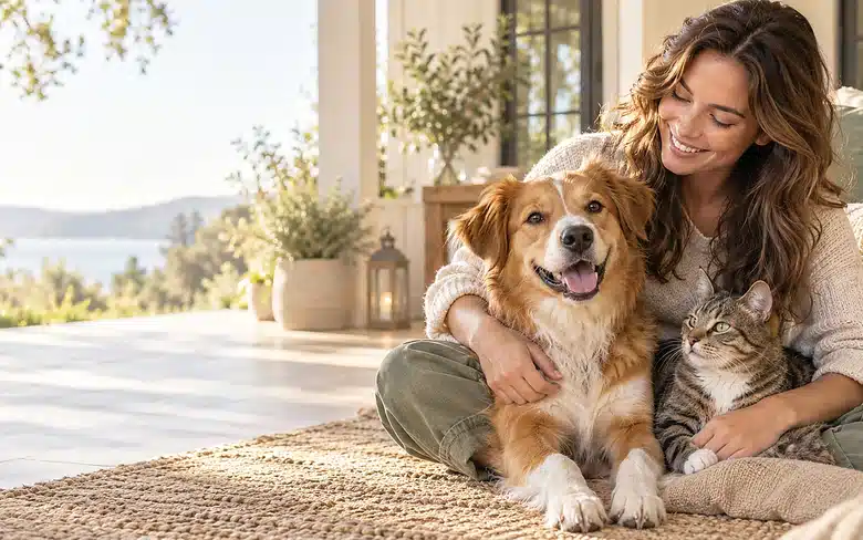 Dog relaxing beside owner at home while discussing insurance options