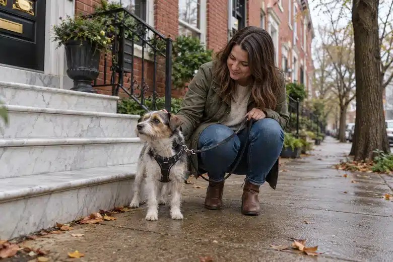 Small dog and owner by the marble steps of a Baltimore-style row house
