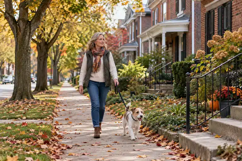 Woman walks a terrier along a small-town Pennsylvania sidewalk