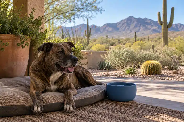 Brindle dog resting in shade on an illustrative Sonoran desert residential patio