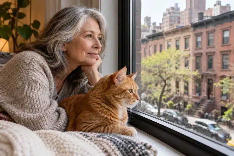 Owner and ginger cat beside an apartment window overlooking brick buildings