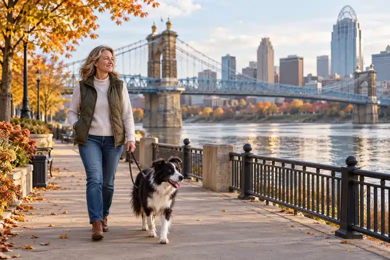 Dog owner walking on a riverside promenade with a suspension bridge and skyline beyond