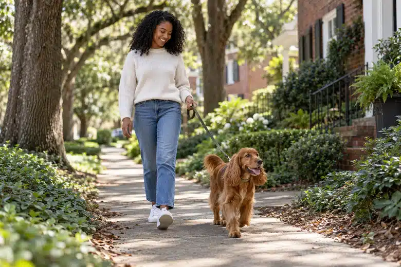 Woman walking a reddish spaniel on a shaded brick-home residential sidewalk