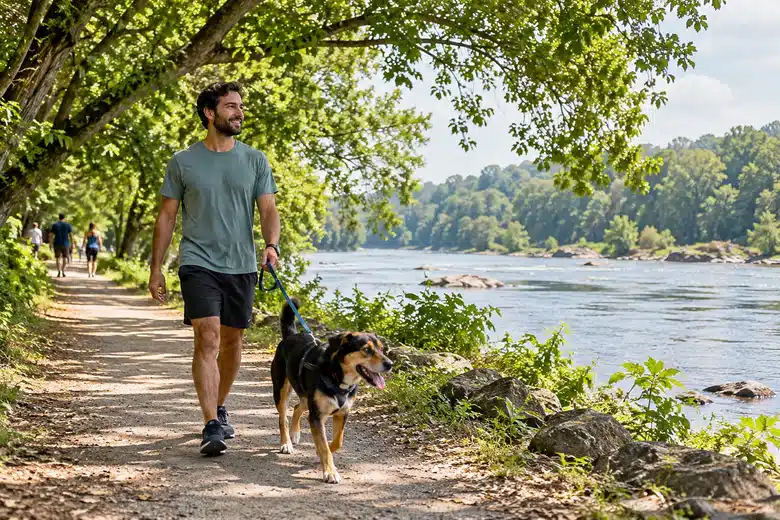 Owner and dog on a green riverside path in a Georgia-like setting