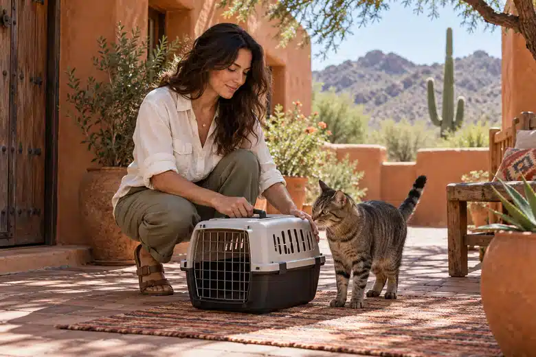 Woman beside a cat carrier and tabby cat in a shaded adobe-style courtyard