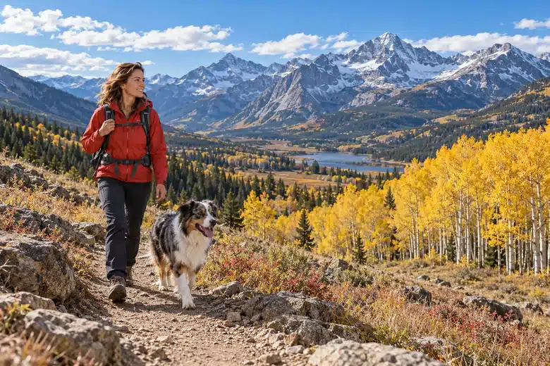 Woman in a red jacket and Australian shepherd on an illustrative mountain foothill trail