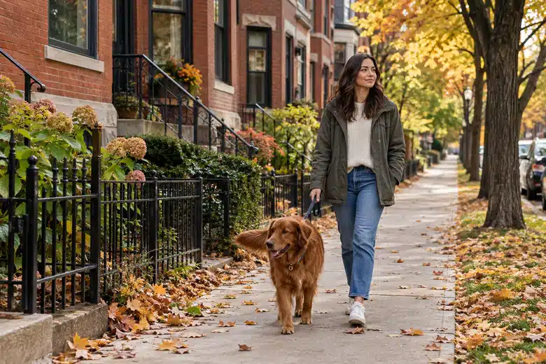 Owner and dog on an illustrative Illinois residential street