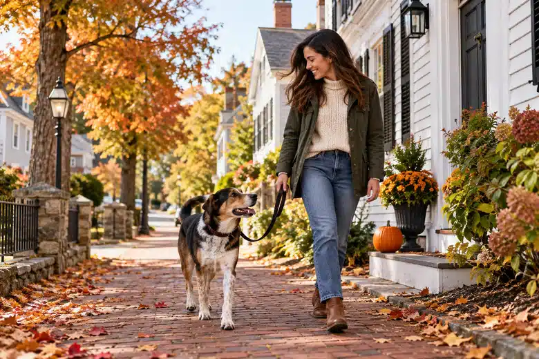 Owner and mixed-breed dog walking beside autumn New England houses