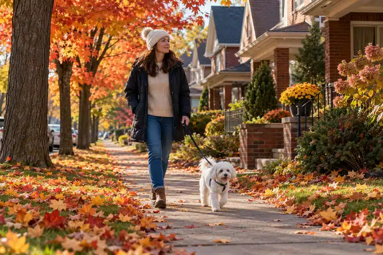Small dog walking through a Michigan-inspired autumn neighborhood