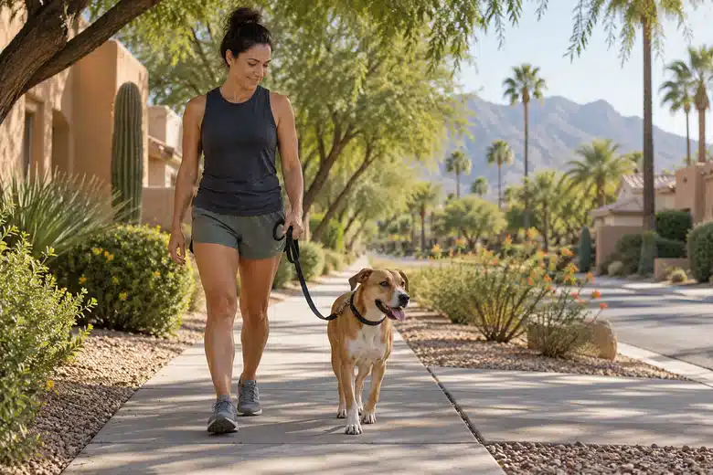 Owner walking a dog on a shaded Phoenix-style desert residential sidewalk