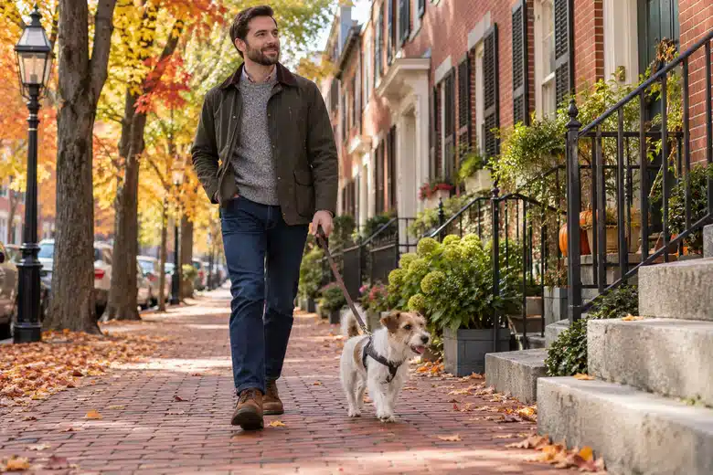 Owner walking a terrier along a New England brick street