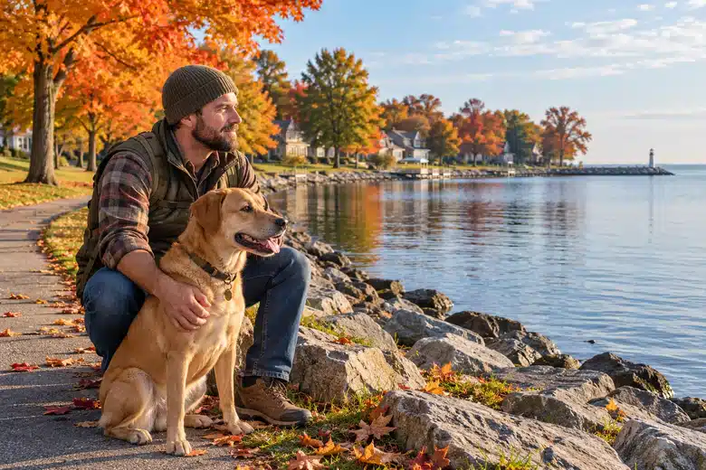 Man and tan dog beside an illustrative autumn lakeside path