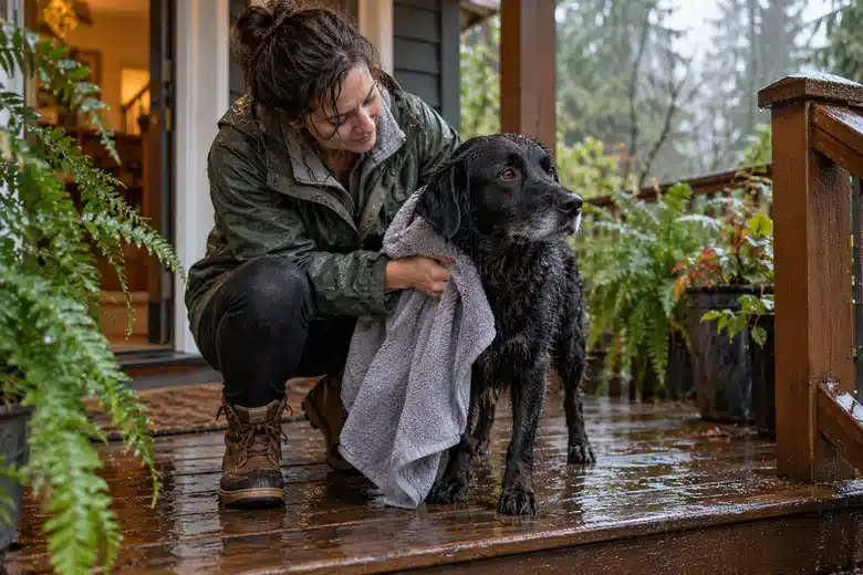 Owner dries a dog on a rain-soaked Pacific Northwest porch.