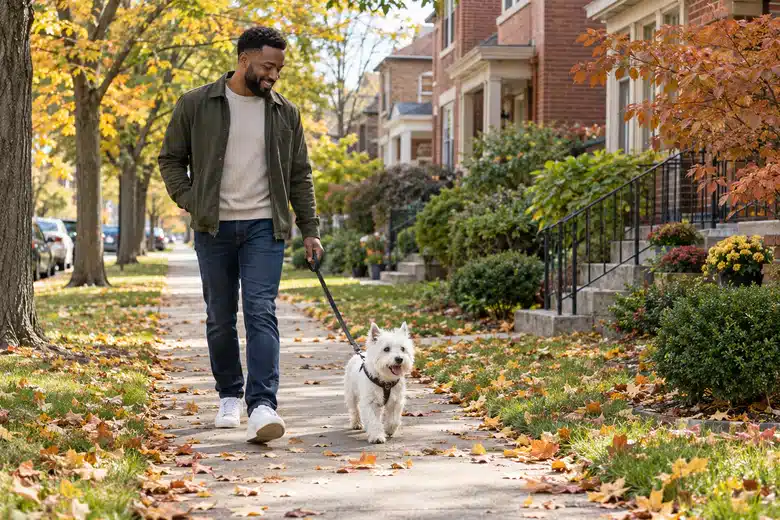 Man walking a small white dog along a leafy residential sidewalk