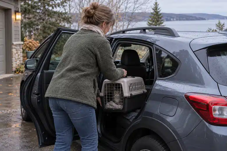 Woman prepares a cat carrier for a car journey